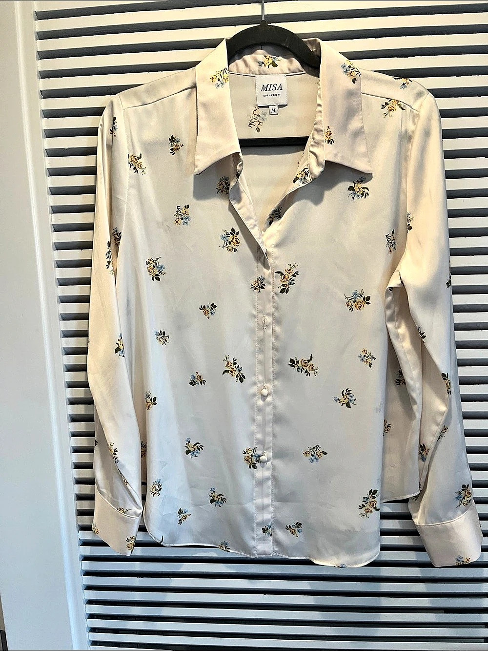 MISA Floral Button Down Blouse in White & Blue Size Medium